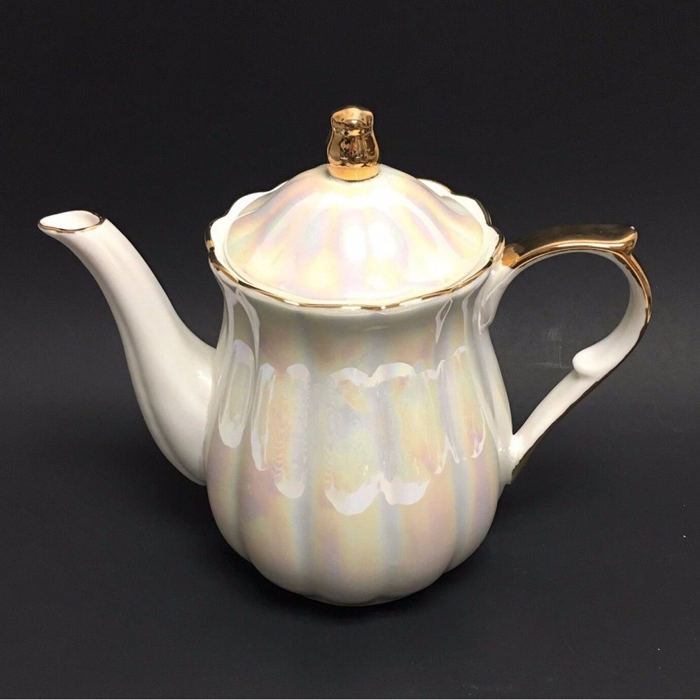 Grace's Teaware Pearl White Iridescent Porcelain Teapot With Gold Trim